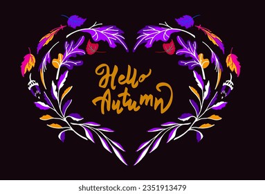 Lettering with a collection of autumn exotic leaves. Ethnic floral pattern, border, wreath. Poser with the inscription back to school, hello autumn. Banner with foliage of maple, chestnut, linden, asp