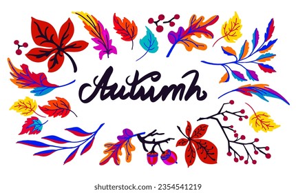 Lettering with a collection of autumn exotic leaves. Ethnic floral pattern, border, wreath. Poser with the inscription back to school, hello autumn. Banner with foliage of maple, chestnut, linden