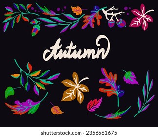 Lettering with a collection of autumn exotic leaves. Ethnic floral pattern, border, wreath. Poser with the inscription back to school, hello autumn. Banner with foliage of maple, chestnut, linden