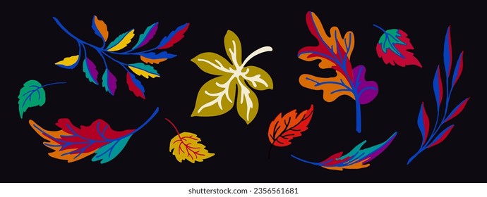 Lettering with a collection of autumn exotic leaves. Ethnic floral pattern, border, wreath. Poser with the inscription back to school, hello autumn. Banner with foliage of maple, chestnut, linden