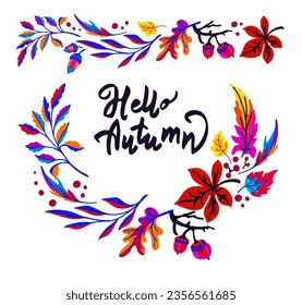 Lettering with a collection of autumn exotic leaves. Ethnic floral pattern, border, wreath. Poser with the inscription back to school, hello autumn. Banner with foliage of maple, chestnut, linden