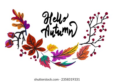 Lettering with a collection of autumn exotic leaves. Ethnic floral pattern, border, wreath. Poser with the inscription back to school, hello autumn. Banner with foliage of maple, chestnut, linden, asp