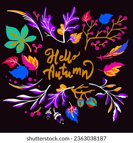 Lettering with a collection of autumn exotic leaves. Ethnic floral pattern, border, wreath. Poser with the inscription back to school, hello autumn. Banner with foliage of maple, chestnut, linden, asp