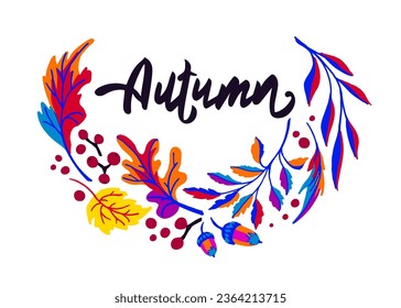 Lettering with a collection of autumn exotic leaves. Ethnic floral pattern, border, wreath. Poser with the inscription back to school, hello autumn. Banner with foliage of maple, chestnut, linden, asp