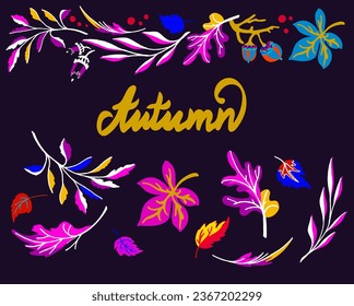 Lettering with a collection of autumn exotic leaves. Ethnic floral pattern, border, wreath. Poser with the inscription back to school, hello autumn. Banner with foliage of maple, chestnut, linden, asp