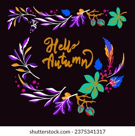 Lettering with a collection of autumn exotic leaves. Ethnic floral pattern, border, wreath. Poser with the inscription back to school, hello autumn. Banner with foliage of maple, chestnut