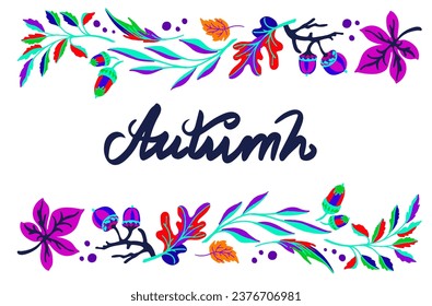 Lettering with a collection of autumn exotic leaves. Ethnic floral pattern, border, wreath. Poser with the inscription back to school, hello autumn. Banner with foliage of maple, chestnut, linden, asp