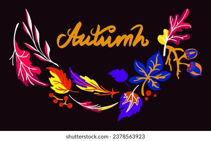 Lettering with a collection of autumn exotic leaves. Ethnic floral pattern, border, wreath. Poser with the inscription back to school, hello autumn. Banner with foliage of maple, chestnut, linden