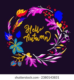 Lettering with a collection of autumn exotic leaves. Ethnic floral pattern, border, wreath. Poser with the inscription back to school, hello autumn. Banner with foliage of maple, chestnut, linden, asp