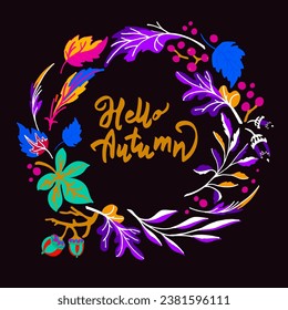 Lettering with a collection of autumn exotic leaves. Ethnic floral pattern, border, wreath. Poser with the inscription back to school, hello autumn. Banner with foliage of maple, chestnut, linden, asp