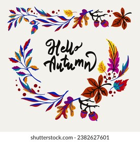 Lettering with a collection of autumn exotic leaves. Ethnic floral pattern, border, wreath. Poser with the inscription back to school, hello autumn. Banner with foliage of maple, chestnut, linden, asp