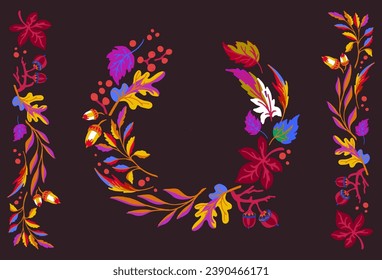 Lettering with a collection of autumn exotic leaves. Ethnic floral pattern, border, wreath. Poser with the inscription back to school, hello autumn. Banner with foliage of maple, chestnut, linden, asp