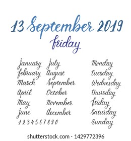 Lettering collection for calendar or diary, week days and months hand-written set, text design for planner , hand written sign set, date template in calligraphic style, vector