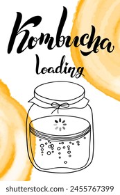 Beschriftung Combucha Laden und Doodle Illustration von jar.Handmade Vektorgrafik Clipart Concept Line isoliert auf weiß bkgr.BandW Design für Poster, Karte, Etikett, Aufkleber, Web, Print, Stempel, Medien, Banner, etc.
