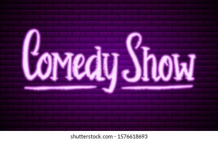  Lettering comedy show. Calligraphic text Stand Up. Engraved hand drawn in old vintage sketch for poster, web badge, label, emblem or logo. Concept on stage. Vector illustration. 