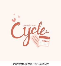 Composición de letras sobre el ciclo menstrual en colores rosados y rojos adorables. Sistema reproductivo y concepto de útero. Cita sobre periodo femenino con sangrado menstrual, toallas sanitarias, tampones