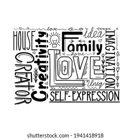 Lettering composition of different words. Human life values. Family, love and inspiration. Creativity and imagination. Black print phrase. Vector print quote with decoration for cards and print