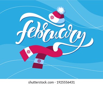 Composición de letras en febrero, hecha de letras blancas, sombrero rojo y bufanda, sobre un fondo de hielo azul claro, ilustración vectorial