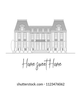 Lettering composition Home sweet home! Vector retro black and white vintage  isolated illustration on white background
