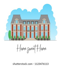 Lettering composition Home sweet home! Vector colorful isolated illustration with sky on white background