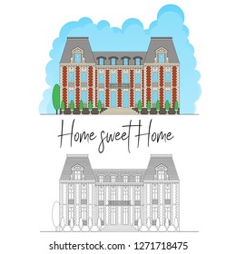 Lettering composition Home sweet home! Vector colorful  and black and white isolated illustration with sky on white background