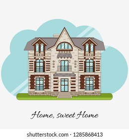 Lettering composition Home sweet home! Vector colorful architecture house isolated  illustration with sky on light background