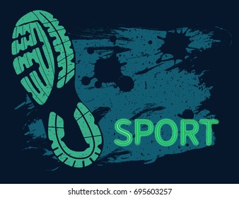 Lettering composition with the imprint sole of a sports shoe and grunge patterns isolated on color background.
 Best for sports team emblem, banner, print design for t-shirt.