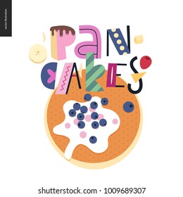 Lettering composition Love Spring Pancakes and a panckae with sour cream and bilberries