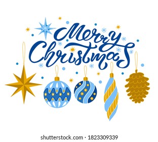 Lettering Composition Merry Christmas, Blue Letters with Christmas Decorations, on a White Background, Vector Illustration