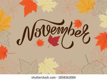 Buchstabenkombination, November, braune Buchstaben auf beigem Hintergrund, orangefarbene, rote, gelbe und farbige AhornBlätter, Vektorgrafik