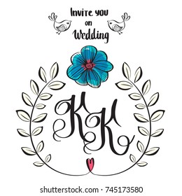 lettering composition on white background with brunch, leaves, heart, birds, big flower, text Invite you on Wedding. Romantic floral illustration. Girlish t shirt design. Celebrate party