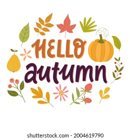 lettering composition with quote - hello autumn, leaves. Vector graphics on a white background. For the design of posters, postcars, for prints on mugs, t-shirts, pillows.