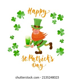 Lettering composition for St. Patrick's Day with shamrocks and Cheerful gnome carries a tray with a glass of beer. Vector color isolated illustration.