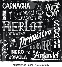 Lettering Composition with Titles of Red Wine in a Chalk Drawn Style