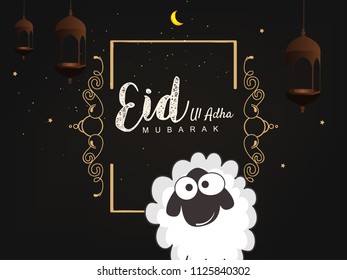 Lettering composition vector typographic illustration of muslim holy month with mosque , 
 sheep,lamb & lamp with handwritten Eid Al adha mubarak text for a muslim community festival of sacrifice. 