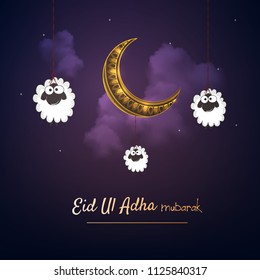 Lettering composition vector typographic illustration of muslim holy month with mosque , 
 sheep,lamb & lamp with handwritten Eid Al adha mubarak text for a muslim community festival of sacrifice. 