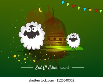 Lettering composition vector typographic illustration of muslim holy month with mosque , 
 sheep,lamb & lamp with handwritten Eid Al adha mubarak text for a muslim community festival of sacrifice. 