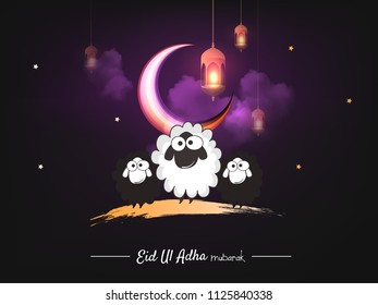 Lettering composition vector typographic illustration of muslim holy month with mosque , 
 sheep,lamb & lamp with handwritten Eid Al adha mubarak text for a muslim community festival of sacrifice. 