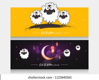 Lettering composition vector typographic illustration of muslim holy month with mosque , 
 sheep,lamb & lamp with handwritten Eid Al adha mubarak text for a muslim community festival of sacrifice. 