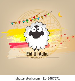 Lettering composition vector typographic illustration of muslim holy month with mosque , 
 sheep,lamb & lamp with handwritten Eid Al adha mubarak text for a muslim community festival of sacrifice. 