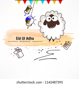 Lettering composition vector typographic illustration of muslim holy month with mosque , 
 sheep,lamb & lamp with handwritten Eid Al adha mubarak text for a muslim community festival of sacrifice. 