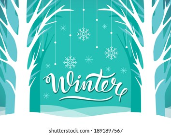 
Lettering Composition Winter, made of White Letters, Winter Forest in Snow and Snowflakes, on a Turquoise Background, Vector Illustration