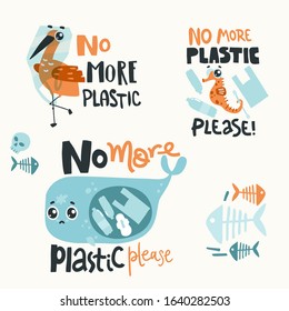 Lettering compositions with sad sea animals and plastic garbage in the ocean. No more plastic hand lettering