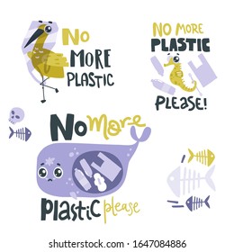 Lettering compositions with sad sea animals and plastic garbage in the ocean. No more plastic hand lettering