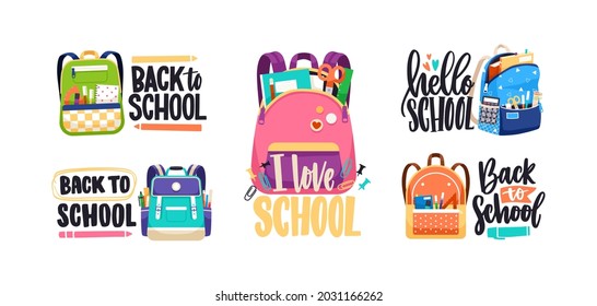 Lettering compositions set with schoolbags and Back to School text. Bags and backpacks packed with stationery, notebooks, other supplies. Colored flat vector illustration isolated on white background