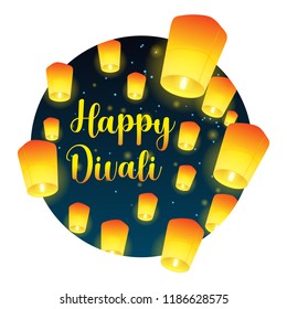 Lettering congratulation happy Divali with paper lanterns. Postcard with night sky and bright lanterns. Vector illustration.