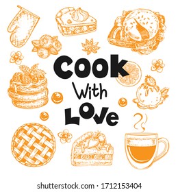 Lettering Cook with love and hand drawn sketch illustration on a white background. Breakfast concept. Cake, ice cream, coffee and egg
