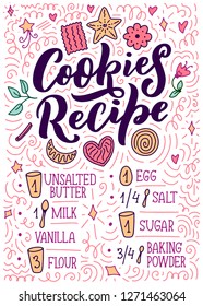Lettering with cookies recipe. Delicious poster. Concept design. Vector vintage illustration. Funny christmas text. Bakery card.