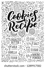 Lettering with cookies recipe. Delicious poster. Concept design. Vector vintage illustration. Funny christmas text. Bakery card.
