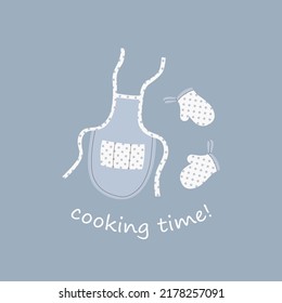 Tiempo de cocina con ropa de cocina. Cocina, herramientas para cocinar. Apron, miten o potholder. Ilustración plana para banner, tarjeta, clase culinaria, invitación, fiesta, afiche, impresión, web.